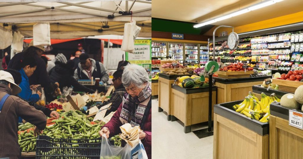 Image of different people shopping at a farmers market versus image of fruit and veggies at a grocery store