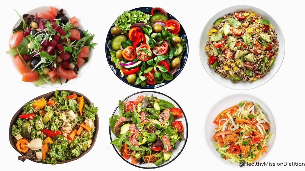 6 different salads displayed. First salad is a mix of sprouts, red beets, tomatoes, chickpeas, black olives, on a bed of spring mix. second salad is a mix of tomato, green olives, bell peppers, red onion, spring onion, on a bed of lettuce, third is a quinoa salad with cucumber, tomato, yellow bell pepper, mint leaves. Fourth salad is a roasted vegetable salad on a bed of kale. Roasted vegetables are carrots, zucchini, bell pepper, tofu. Fifth salad is a arugala salad with tomatoes, raw salmon, and seasme seeds. Lastly is a napa slaw salad with julienned bell peppers, zucchini, and orange veggies topped with spring onion.