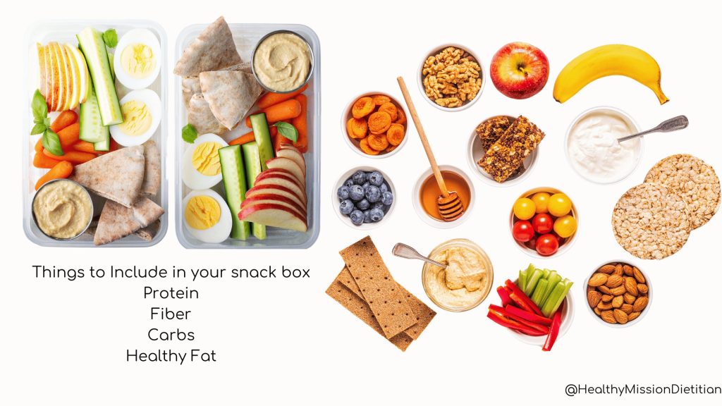 Snack box ideas -- one box with pita bread, baby carrots, hardboiled egg sliced in half, cucumber sticks, apple slices and hummus. Second image is of a spread of ideas for snack - blueberries, dried apricots, graham crackers, hummus, honey, walnuts, granola bar, whole apple, whole banana, yellow and red cherry tomatoes, cottage cheese or yogurt, sliced red bell pepper and celery, almonds, and rice cakes.