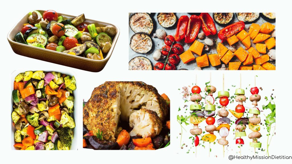 a variety of roasted veggies in image. A bake dish with roasted cherry tomatoes, sliced zucchini, sliced eggplant, button mushrooms, celery. Second image is a spread of roasted butternut squash, cherry tomatoes on vine, sliced red bell pepper, eggplant. Third is a bake dish of roasted vegetables that has roasted broccoli, chopped orange bell peppers, red onions, sliced mushrooms and topped with dried herbs. Another image is a whole head of roasted cauliflower. Last image is veggie skewers that are a mix of button mushroom, cherry tomatoes, zucchini, yellow, orange, and red bell pepper, and red onions.