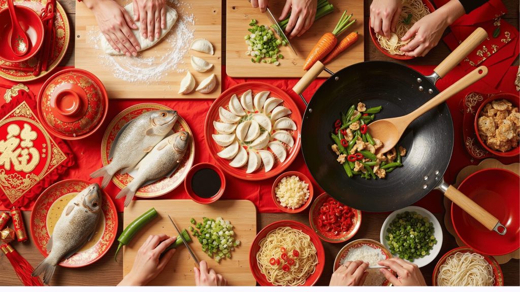 a display of different foods being prepared on a large kitchen table. There is red decor for lunar new year. there is a cutting board with someone making dumpling wrapper dough, a cutting board with scallions and carrots being chopped, someone preparing long life noodles, in the m iddle there is whole fish, dumplings, and a chicken and green bean stir fry dish.