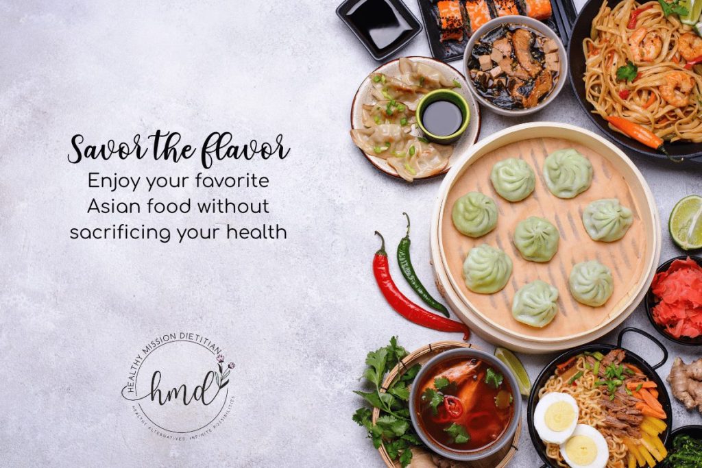 a display of different asian dishes - in the center there is a bamboo basket with soup dumplings. red and green chili peppers, tom yum shrimp soup, stir fried noodles with a hardboiled egg, sliced meat, sliced carrots and green onions sprinkled on top, a small plate with gyoza next to low sodium dipping sauce, sushi next to soy sauce, a bowl of chicken teriyakai, a plate of pad thai noodles with shrimp and cilantro sprinkled on top, a small plate of ginger