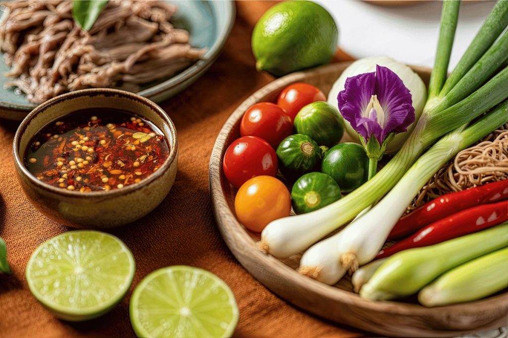a bamboo cutting board and on top of it is a sliced lime, a small bowl with chili crisp oil, a plate with tomatoes, scallions, chili peppers, and garlic, onion, and lemongrass.
