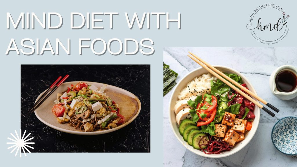 Mind diet with asian foods with 1 plate that has buckwheat noodles and different colored vegetables and tofu. The second dish is a brown rice bowl with tofu, leafy greens, tomatoes, cucumbers, and other colorful rainbow vegetables